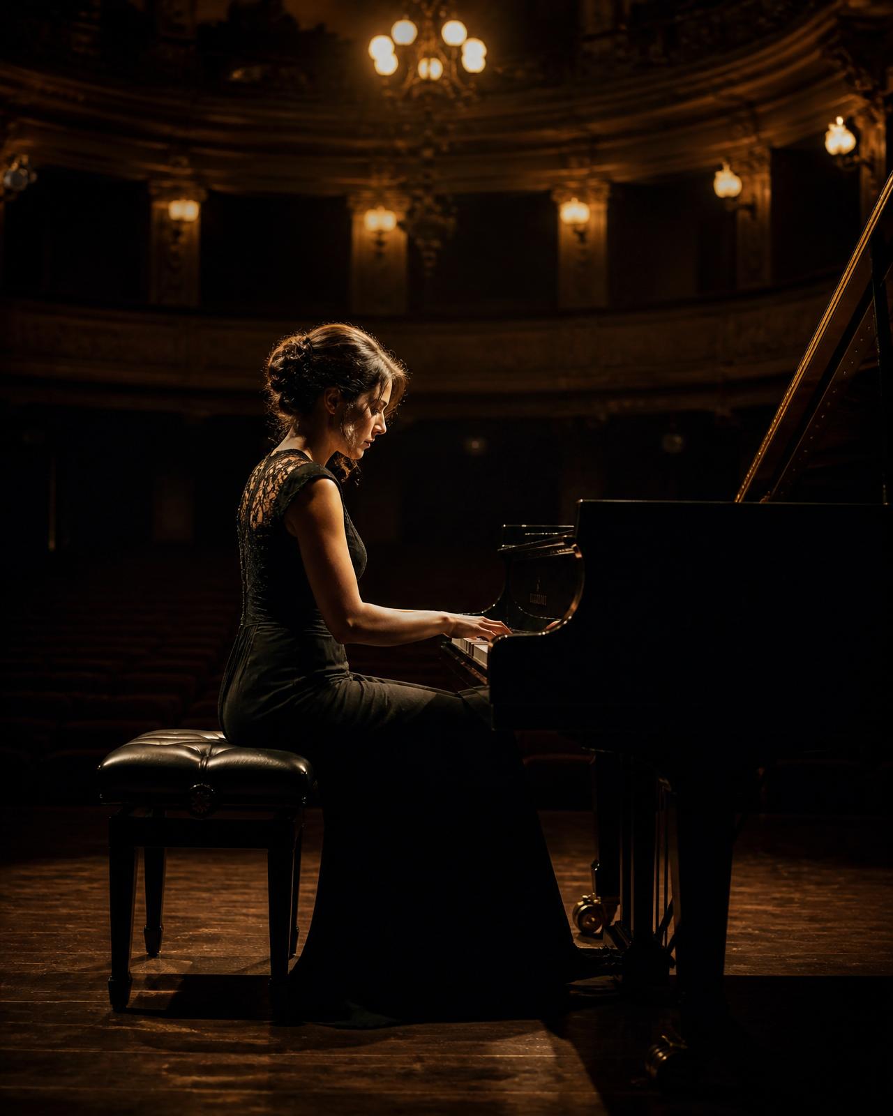 Pianist performing on stage in a grand theater